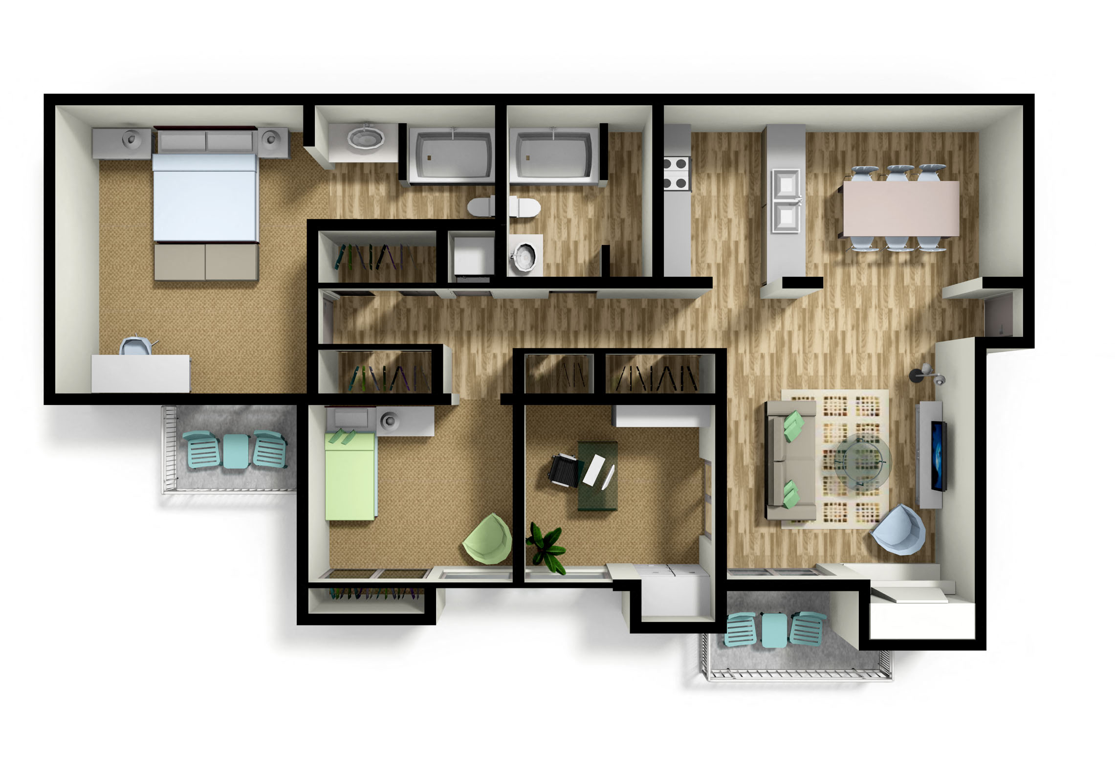 Floor plan for 2 beds, 2 baths, 1170 sqft